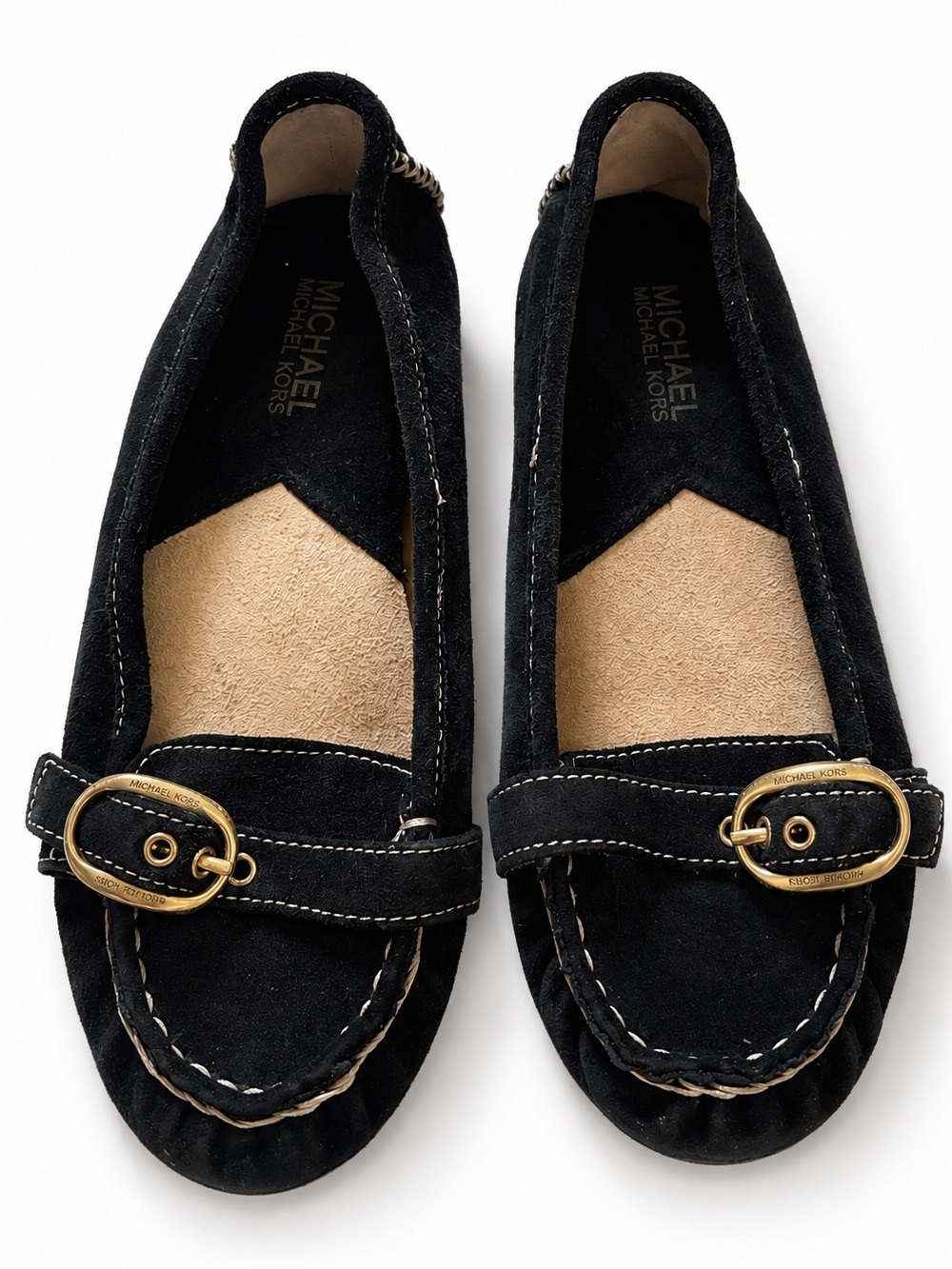 MICHAEL Michael Kors Black Suede Loafers with Gold Buckle